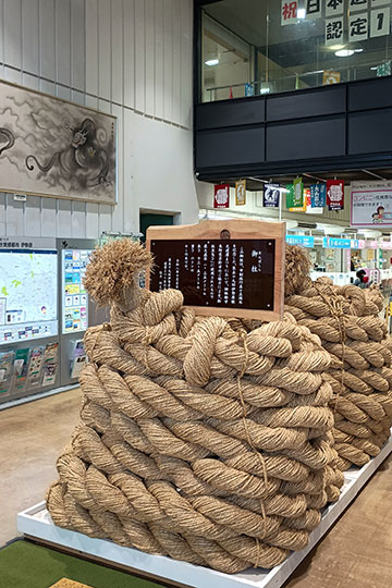 市役所1階ロビーの御柱里曳き 元綱 画像:市役所1階ロビーの御柱里曳き 元綱