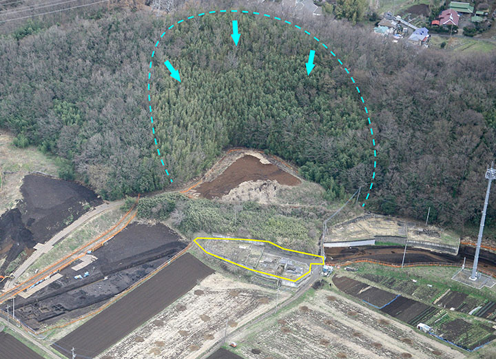 写真１　地すべりの痕跡と調査範囲